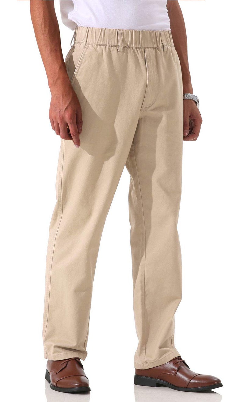 Soojun Men's Cotton Relaxed Fit Full Elastic Waist Twill Pants, Khaki, 36W x 32L - Image 2